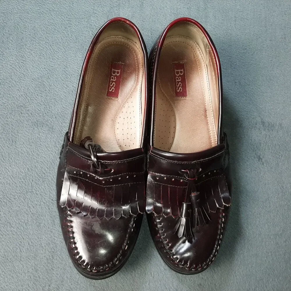 Bass Loafers Mens 11 WIDE Brown Leather Penny Dress Shoes Preppy Fringe Tassell
